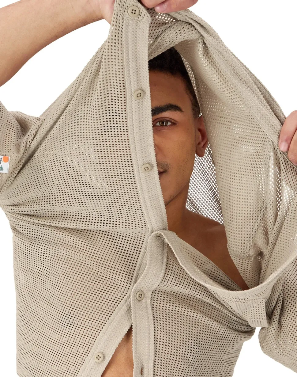 Champion : Mesh Button Down Shirt - Cold Beige